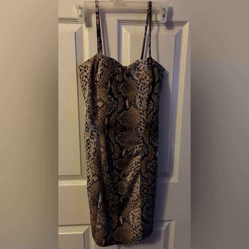 Snakeskin Brown and Black Mini Bodycon Dress with Spaghetti Straps & Padded Bust